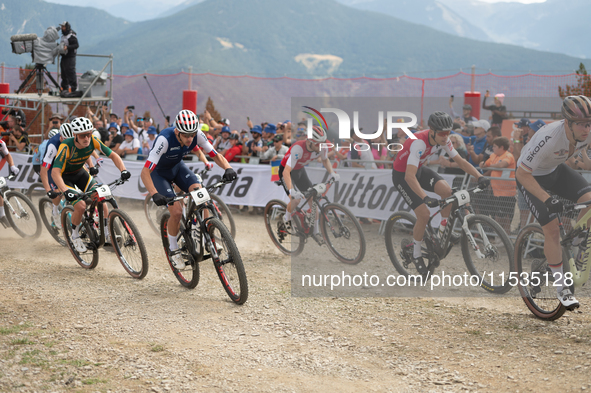 Cyclists participate in the UCI Mountain Bike World Championships Men in Pal Arinsal, Andorra, on September 1, 2024. 