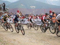 Cyclists participate in the UCI Mountain Bike World Championships Men in Pal Arinsal, Andorra, on September 1, 2024. (