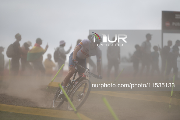 Charlie Aldridge of Great Britain participates in the UCI Mountain Bike World Championships Men in Pal Arinsal, Andorra, on September 1, 202...