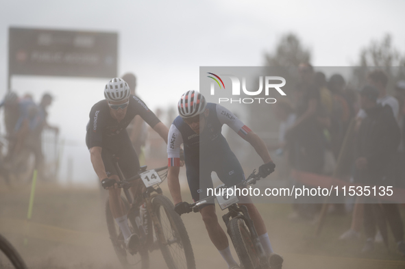 Jordan Sarrou of France competes in the UCI Mountain Bike World Championships Men in Pal Arinsal, Andorra, on September 1, 2024. 