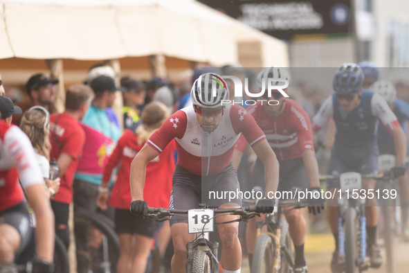 Martins Blums of Latvia participates in the UCI Mountain Bike World Championships Men in Pal Arinsal, Andorra, on September 1, 2024. 