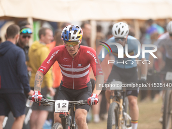 Simon Andreassen of Denmark participates in the UCI Mountain Bike World Championships Men in Pal Arinsal, Andorra, on September 1, 2024. (