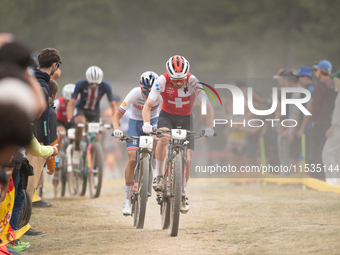 Mathias Fluckiger of Switzerland competes in the UCI Mountain Bike World Championships Men in Pal Arinsal, Andorra, on September 1, 2024. (