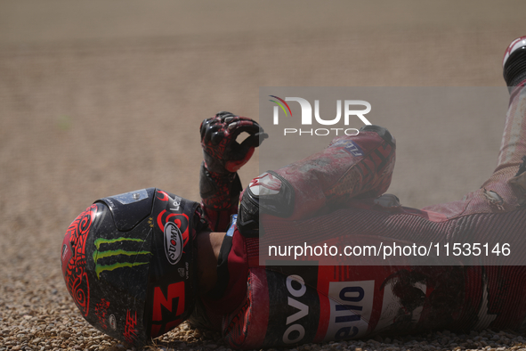 Francesco Pecco Bagnaia (1) of Italy and Ducati Lenovo Team after crashing during the race day of the Gran Premio GoPro de Aragon at Motorla...