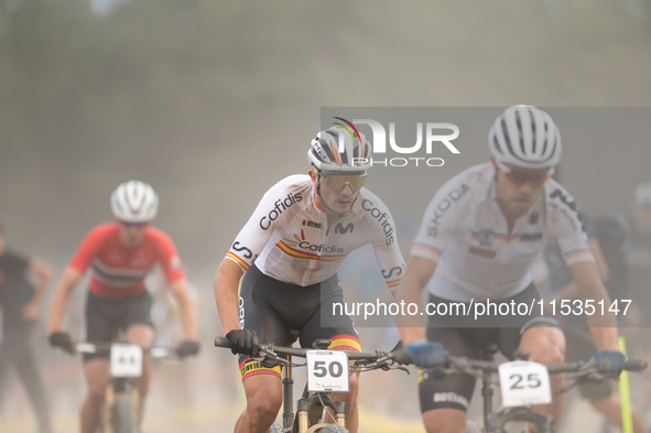 David Campos of Spain competes in the UCI Mountain Bike World Championships Men in Pal Arinsal, Andorra, on September 1, 2024. 