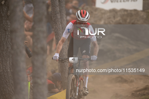 Mathias Fluckiger of Switzerland competes in the UCI Mountain Bike World Championships Men in Pal Arinsal, Andorra, on September 1, 2024. 