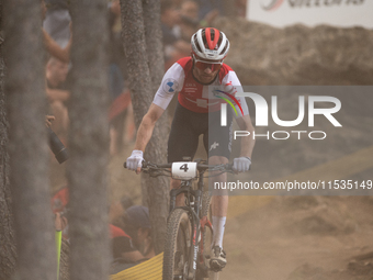 Mathias Fluckiger of Switzerland competes in the UCI Mountain Bike World Championships Men in Pal Arinsal, Andorra, on September 1, 2024. (