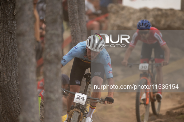 Pierre De Froidmont of Belgium participates in the UCI Mountain Bike World Championships Men in Pal Arinsal, Andorra, on September 1, 2024. 