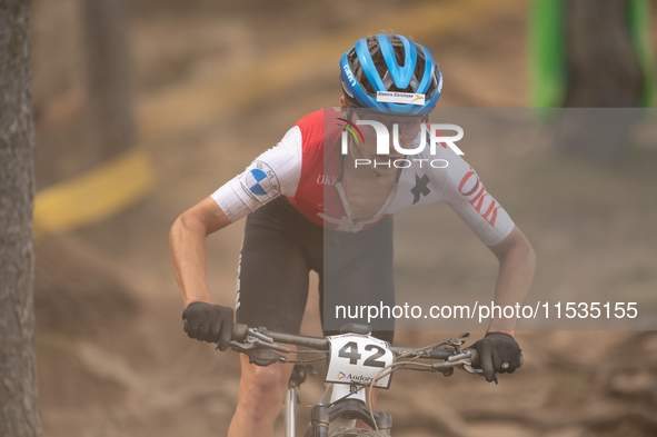 Luca Schatti of Switzerland participates in the UCI Mountain Bike World Championships Men in Pal Arinsal, Andorra, on September 1, 2024. 