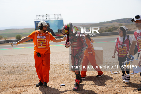 Francesco Pecco Bagnaia (1) of Italy and Ducati Lenovo Team after crashing during the race day of the Gran Premio GoPro de Aragon at Motorla...