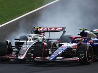 Nico Hulkenberg of Haas and Yuki Tsunoda of RB during the Formula 1 Italian Grand Prix at Autodromo Nazionale di Monza in Monza, Italy on Se...