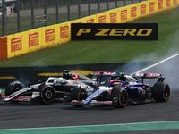 Nico Hulkenberg of Haas and Yuki Tsunoda of RB during the Formula 1 Italian Grand Prix at Autodromo Nazionale di Monza in Monza, Italy on Se...