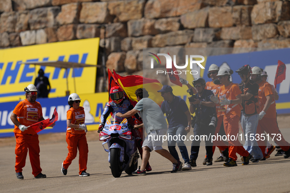 Marc Marquez (93) of Spain and Gresini Racing Moto GP Ducati celebrates victory after the race day of the Gran Premio GoPro de Aragon at Mot...