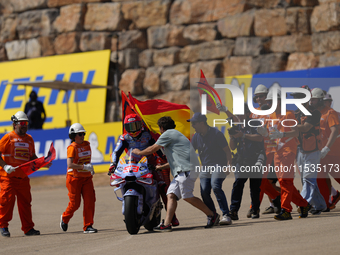 Marc Marquez (93) of Spain and Gresini Racing Moto GP Ducati celebrates victory after the race day of the Gran Premio GoPro de Aragon at Mot...