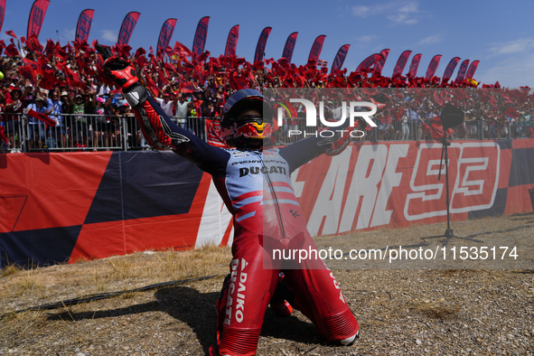 Marc Marquez (93) of Spain and Gresini Racing Moto GP Ducati celebrates victory after the race day of the Gran Premio GoPro de Aragon at Mot...