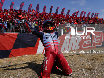 Marc Marquez (93) of Spain and Gresini Racing Moto GP Ducati celebrates victory after the race day of the Gran Premio GoPro de Aragon at Mot...