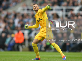 Tottenham Hotspur goalkeeper Guglielmo Vicario celebrates Tottenham Hotspur's equalizer during the Premier League match between Newcastle Un...