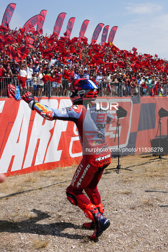 Marc Marquez (93) of Spain and Gresini Racing Moto GP Ducati celebrates victory after the race day of the Gran Premio GoPro de Aragon at Mot...