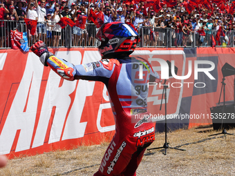 Marc Marquez (93) of Spain and Gresini Racing Moto GP Ducati celebrates victory after the race day of the Gran Premio GoPro de Aragon at Mot...