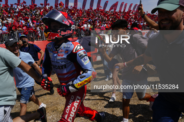 Marc Marquez (93) of Spain and Gresini Racing Moto GP Ducati celebrates victory after the race day of the Gran Premio GoPro de Aragon at Mot...