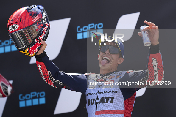 Marc Marquez (93) of Spain and Gresini Racing Moto GP Ducati celebrates victory after the race day of the Gran Premio GoPro de Aragon at Mot...