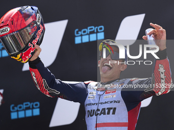 Marc Marquez (93) of Spain and Gresini Racing Moto GP Ducati celebrates victory after the race day of the Gran Premio GoPro de Aragon at Mot...