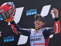 Marc Marquez (93) of Spain and Gresini Racing Moto GP Ducati celebrates victory after the race day of the Gran Premio GoPro de Aragon at Mot...