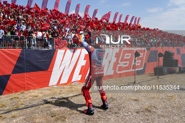 Marc Marquez (93) of Spain and Gresini Racing Moto GP Ducati celebrates victory after the race day of the Gran Premio GoPro de Aragon at Mot...