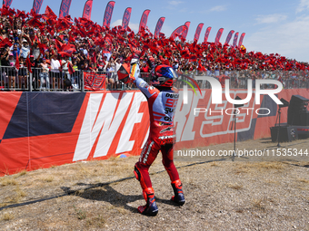 Marc Marquez (93) of Spain and Gresini Racing Moto GP Ducati celebrates victory after the race day of the Gran Premio GoPro de Aragon at Mot...