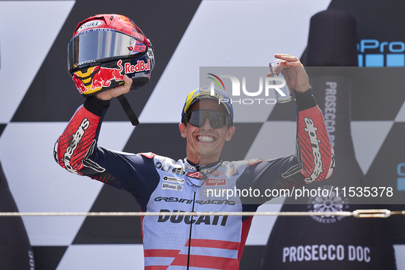 Marc Marquez (93) of Spain and Gresini Racing Moto GP Ducati celebrates victory after the race day of the Gran Premio GoPro de Aragon at Mot...