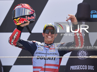 Marc Marquez (93) of Spain and Gresini Racing Moto GP Ducati celebrates victory after the race day of the Gran Premio GoPro de Aragon at Mot...