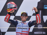 Marc Marquez (93) of Spain and Gresini Racing Moto GP Ducati celebrates victory after the race day of the Gran Premio GoPro de Aragon at Mot...