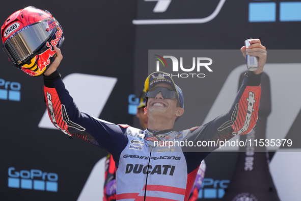 Marc Marquez (93) of Spain and Gresini Racing Moto GP Ducati celebrates victory after the race day of the Gran Premio GoPro de Aragon at Mot...