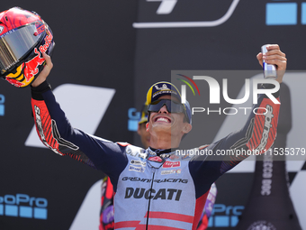 Marc Marquez (93) of Spain and Gresini Racing Moto GP Ducati celebrates victory after the race day of the Gran Premio GoPro de Aragon at Mot...