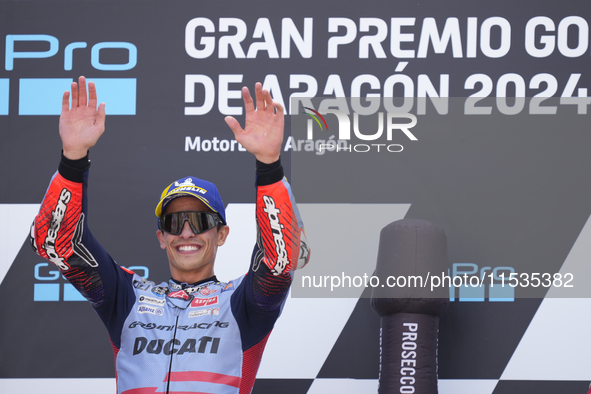 Marc Marquez (93) of Spain and Gresini Racing Moto GP Ducati celebrates victory after the race day of the Gran Premio GoPro de Aragon at Mot...