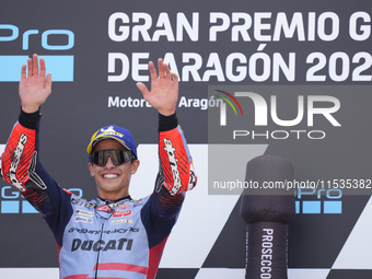 Marc Marquez (93) of Spain and Gresini Racing Moto GP Ducati celebrates victory after the race day of the Gran Premio GoPro de Aragon at Mot...