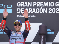 Marc Marquez (93) of Spain and Gresini Racing Moto GP Ducati celebrates victory after the race day of the Gran Premio GoPro de Aragon at Mot...