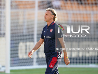 Davide Nicola, head coach of Cagliari Calcio, watches the Serie A match between Lecce and Cagliari in Lecce, Italy, on August 31, 2024. (