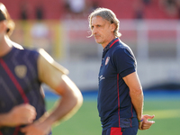 Davide Nicola, head coach of Cagliari Calcio, watches the Serie A match between Lecce and Cagliari in Lecce, Italy, on August 31, 2024. (