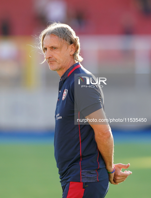 Davide Nicola, head coach of Cagliari Calcio, watches the Serie A match between Lecce and Cagliari in Lecce, Italy, on August 31, 2024. 