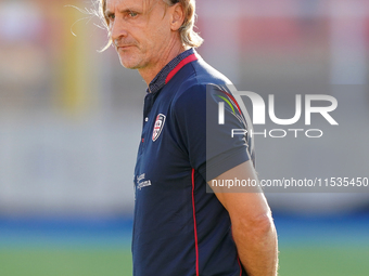 Davide Nicola, head coach of Cagliari Calcio, watches the Serie A match between Lecce and Cagliari in Lecce, Italy, on August 31, 2024. (