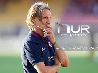 Davide Nicola, head coach of Cagliari Calcio, watches the Serie A match between Lecce and Cagliari in Lecce, Italy, on August 31, 2024. (