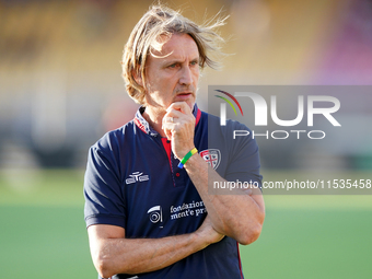 Davide Nicola, head coach of Cagliari Calcio, watches the Serie A match between Lecce and Cagliari in Lecce, Italy, on August 31, 2024. (