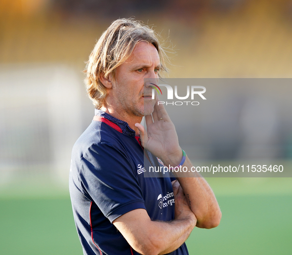 Davide Nicola, head coach of Cagliari Calcio, watches the Serie A match between Lecce and Cagliari in Lecce, Italy, on August 31, 2024. 