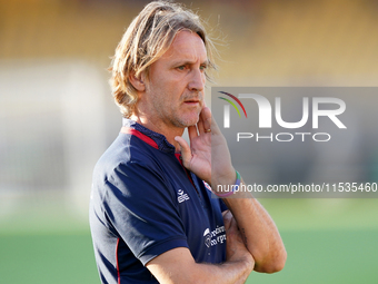 Davide Nicola, head coach of Cagliari Calcio, watches the Serie A match between Lecce and Cagliari in Lecce, Italy, on August 31, 2024. (