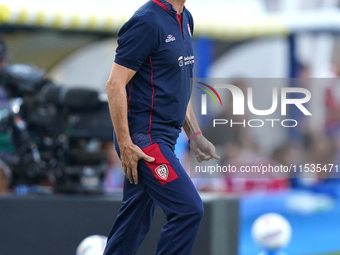 Coach Davide Nicola of Cagliari reacts during the Serie A match between Lecce and Cagliari in Lecce, Italy, on August 31, 2024. (