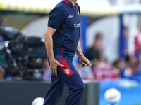 Coach Davide Nicola of Cagliari reacts during the Serie A match between Lecce and Cagliari in Lecce, Italy, on August 31, 2024. (