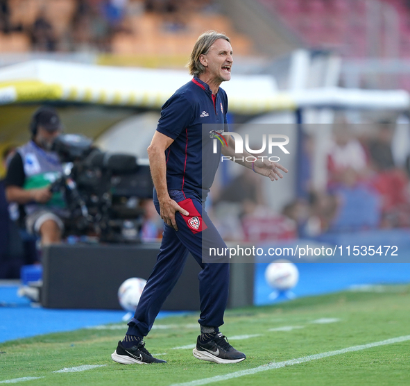 Coach Davide Nicola of Cagliari reacts during the Serie A match between Lecce and Cagliari in Lecce, Italy, on August 31, 2024. 