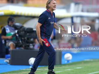 Coach Davide Nicola of Cagliari reacts during the Serie A match between Lecce and Cagliari in Lecce, Italy, on August 31, 2024. (