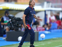 Coach Davide Nicola of Cagliari reacts during the Serie A match between Lecce and Cagliari in Lecce, Italy, on August 31, 2024. (